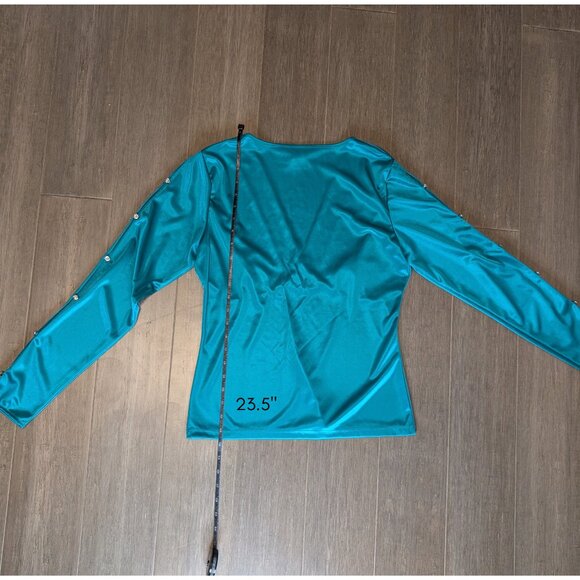 Moda International, Satin Statement Sleeve V Neck Blouse, Emerald Green, Sz M - Picture 3 of 8